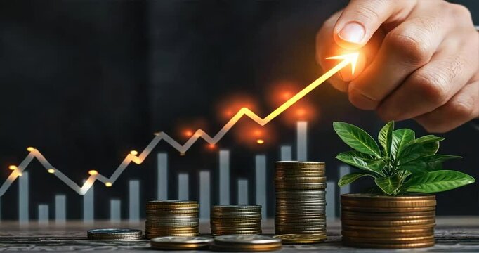 Hand holding glowing arrow pointing up with coins and green plant on table, financial literacy, budgeting workshops, financial coaching