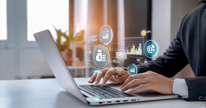 Businessman using laptop with floating digital marketing icons and data graphs, financial education, money management, financial literacy