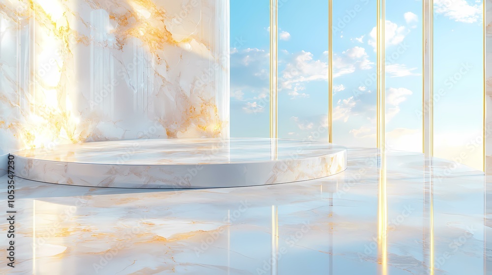 Poster the image shows a circular marble platform with a sky view behind it. the platform is in a modern, m