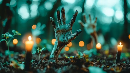 Rising Zombie Hands in a Dark Halloween Scene