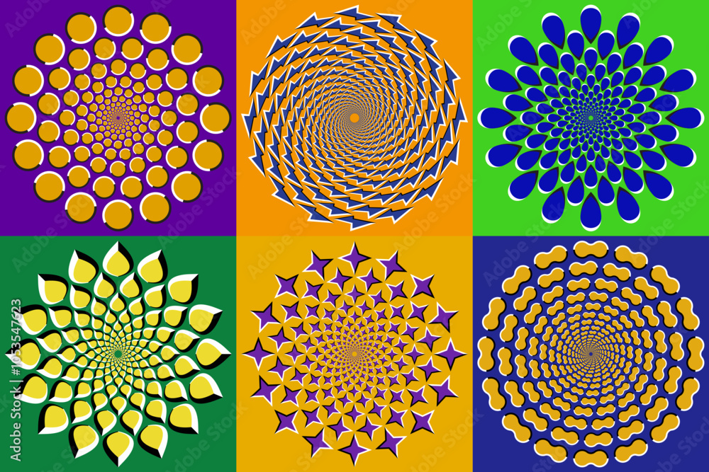 Poster vector set of eye-catching circular patterns. colorful circles with optical illusion of moving. temp