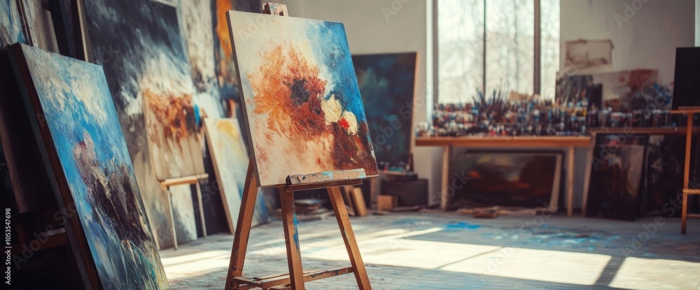 Poster an art studio filled with colorful paintings displayed on easels and walls, illuminated by natural l