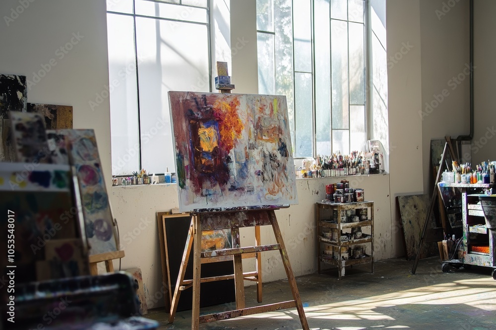 Poster in a brightly lit studio, an easel supports a vibrant canvas filled with abstract colors. surroundin