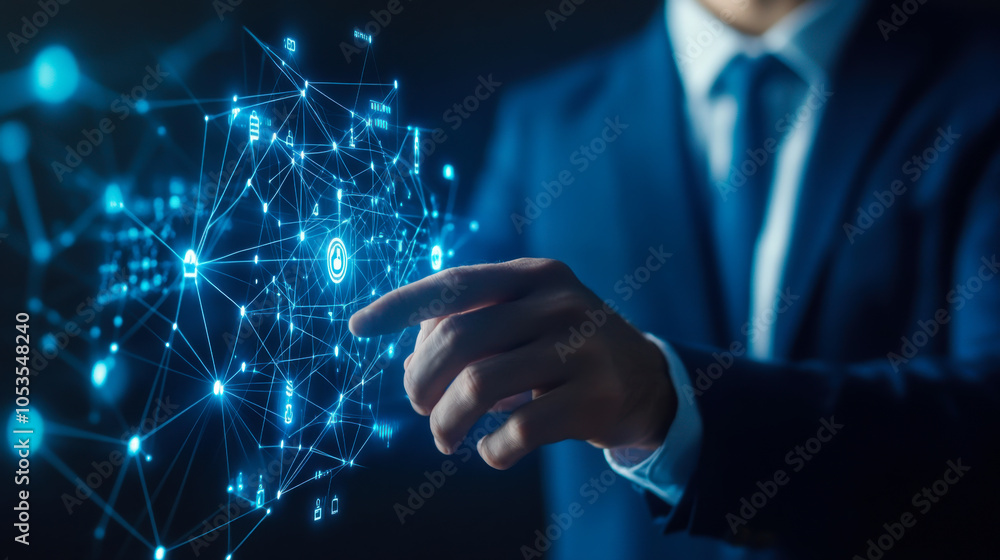 Poster a business professional interacts with a digital network display projecting data connections and tec