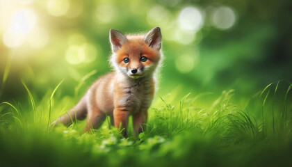 Fototapeta premium Cute fox cub in a lush green forest, basking in sunlight with a soft, natural background
