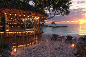 A traditional tiki bar with thatched roof, bamboo furniture, and exotic cocktails on a beach.