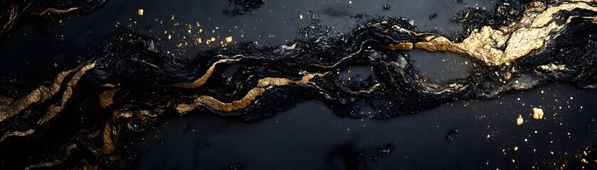 Naklejka premium Abstract Black and Gold Swirls with Scattered Specks