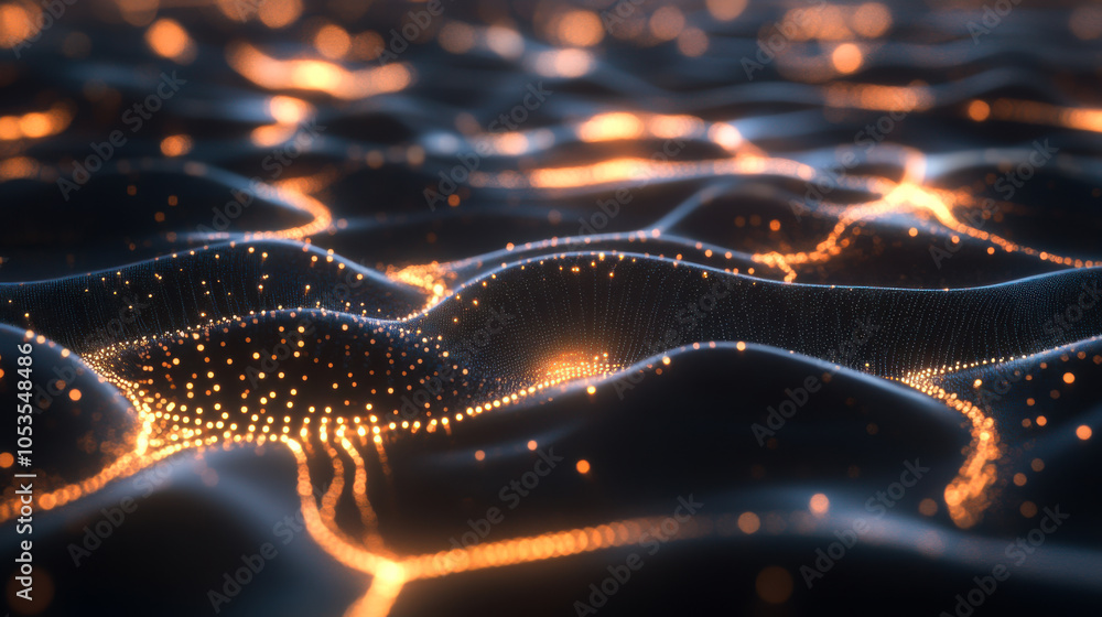 Poster intricate network of glowing nodes and lines representing a digital data flow in a futuristic landsc