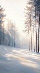 Naklejka premium Serene Winter Landscape with Snow-Covered Pines and Gentle Light Play