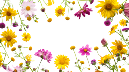 Summer flower creative layout Daisy cosmos blankete aster sunflower and doronicum flowers isolated on white background Floral frame border Design element Top view flat l