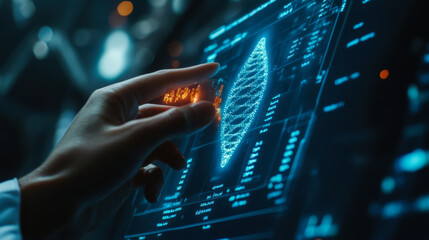 A scientist analyzes a DNA strand on a digital tablet in a modern research laboratory at night