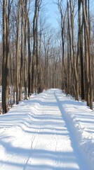Serene Winter Walk Through Snow-Covered Forest Pathway Illuminated by Soft Sunlight