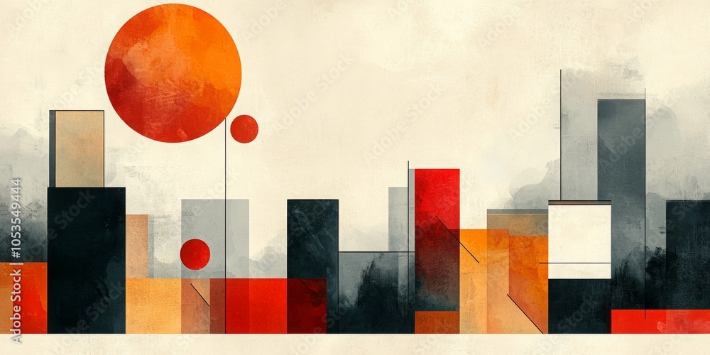 Poster geometric harmony, vibrant layers of squares and circles intertwining sharp edges with soft curves, 