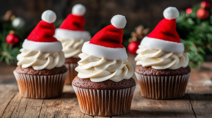 Chocolate cupcakes topped with vanilla frosting and miniature Santa hats..
