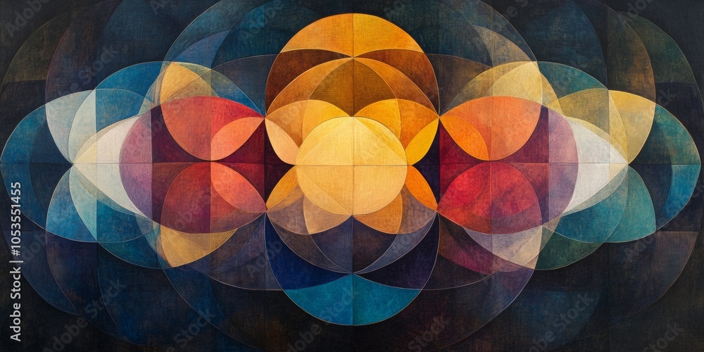 Poster kaleidoscopic geometry, a vibrant design featuring rotating squares and circles in an intricate, mes