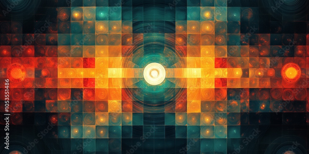 Poster kaleidoscopic geometry, vibrant design featuring rotating squares and circles in a mesmerizing patte