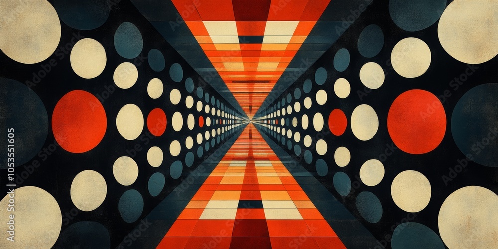 Poster kaleidoscopic geometry, vibrant poster featuring dynamic rotating squares and circles in an intricat