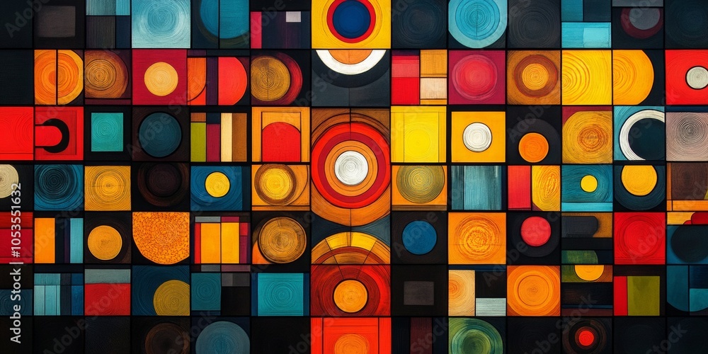 Poster kaleidoscopic geometry, vibrant squares and circles in a dynamic pattern creating a mesmerizing visu