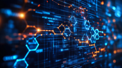 Abstract representation of digital data flow with illuminated circuits and binary code in a dark environment