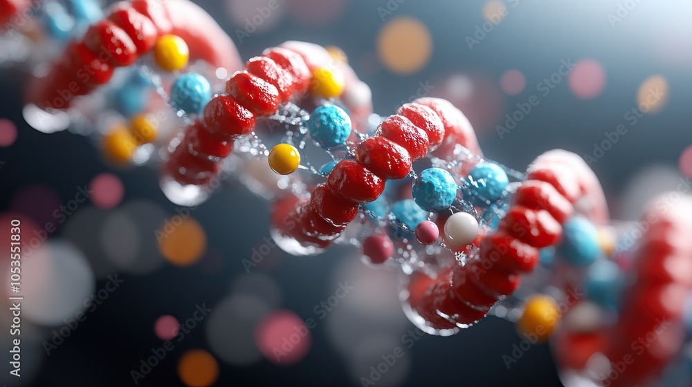 Poster a vibrant, 3d visualization of a dna double helix, showcasing colorful nucleotide structures and a s