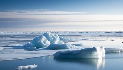 Tranquil Arctic scenery with icy blue icebergs floating peacefully beneath a clear sky, reflecting in calm ocean waters.
