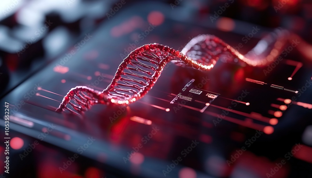 Poster a digital representation of a dna strand glowing in red tones, intertwined with abstract circuitry.