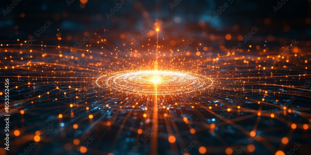Poster global connectivity hub, an illustration depicting a central point with radiating lines symbolizing 
