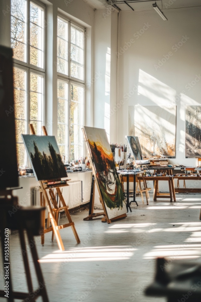 Poster natural light streams through large windows, illuminating an art studio lined with easels displaying