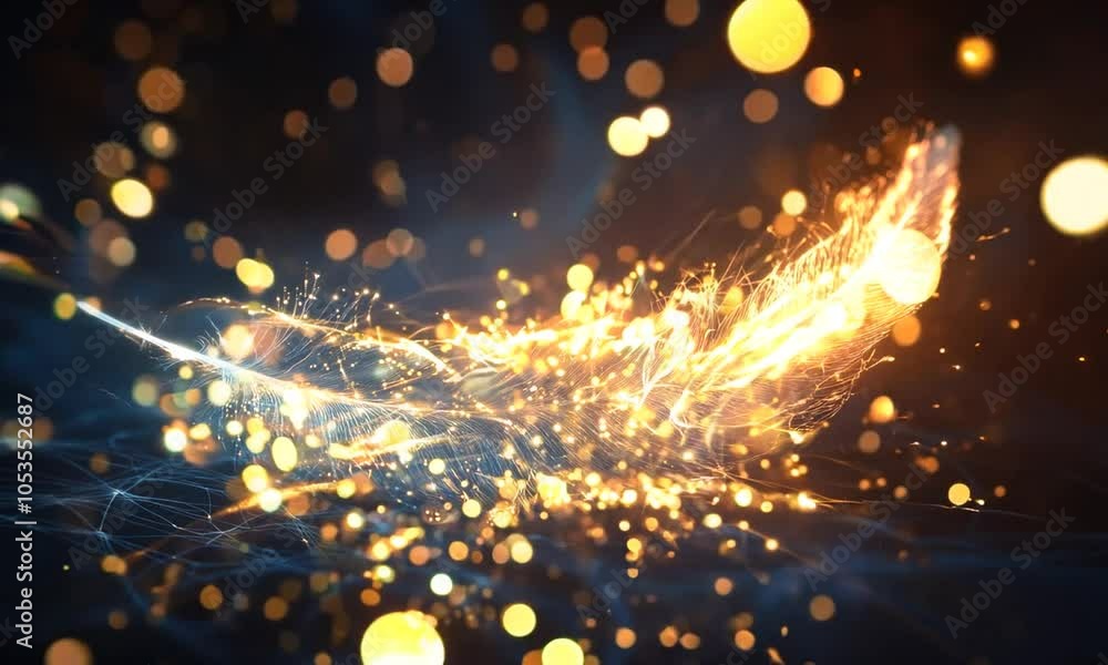Aufkleber a glowing feather with sparkling particles against a dark, ethereal background.