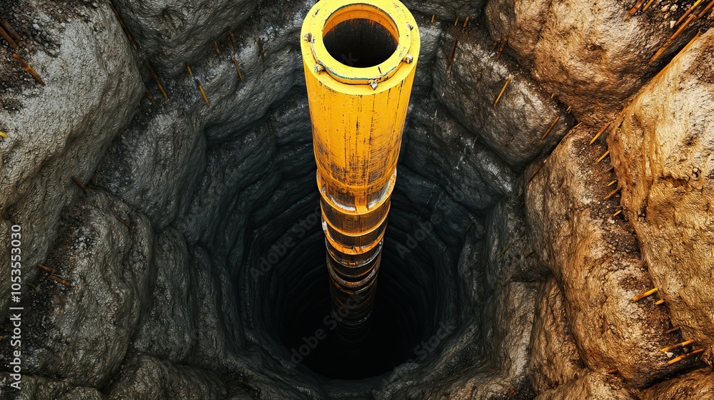 Poster a deep, dark well with a yellow casing, surrounded by rough soil, showcasing the depth and structure