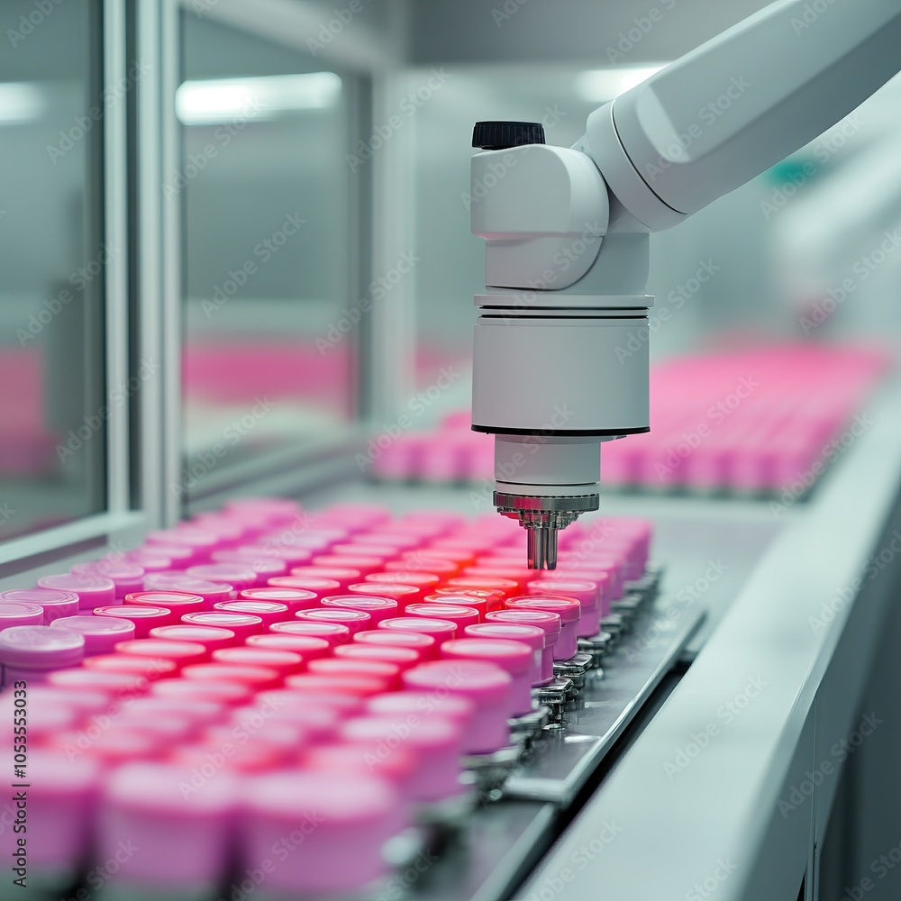 Poster a robotic arm is working on a production line, handling pink-topped containers in a modern, automate