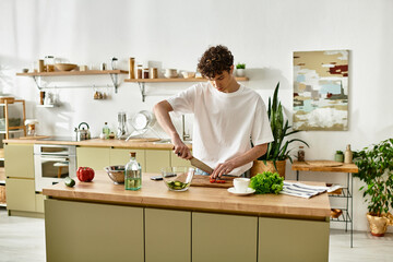 A handsome young man skillfully slices vegetables while making a vibrant salad in his contemporary...
