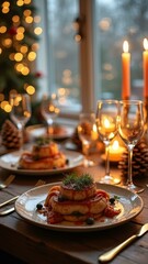 Elegant holiday dinner setting with festive candlelight ambiance for christmas celebrations