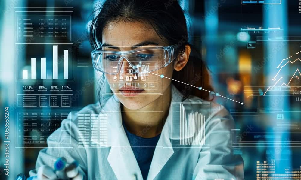 Poster a focused scientist in a lab, analyzing data with advanced technology and equipment.
