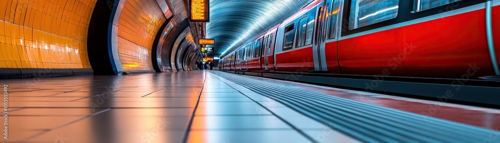 Poster a vibrant subway station view showcasing sleek trains and illuminated tiles, emphasizing urban trans