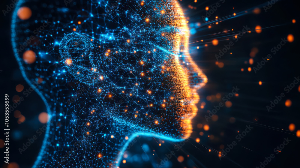 Poster digital representation of a human face illuminated by interconnected light patterns in a futuristic 