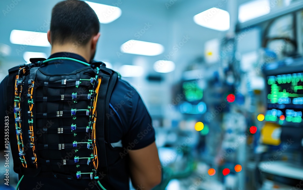 Poster a person wearing a high-tech device on their back stands in a futuristic lab filled with complex equ