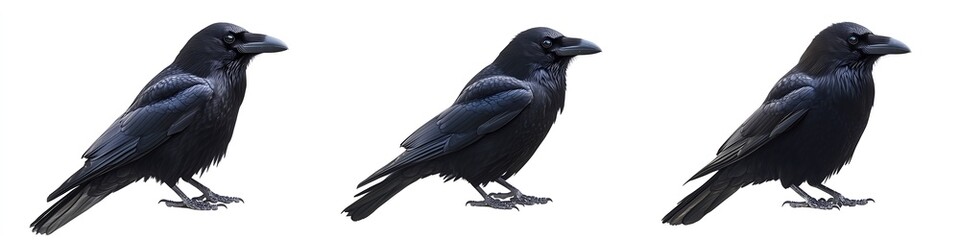 three same crows with different angles isolated on white background, realistic, bird



