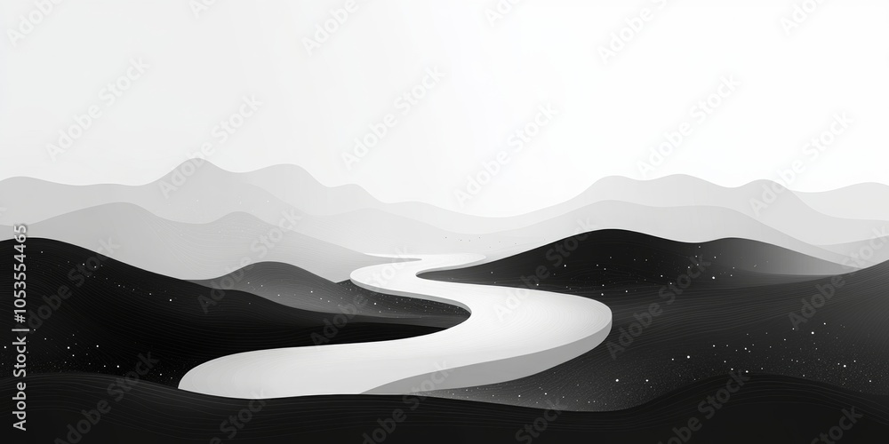 Poster curvy pathway journey, minimal abstract representation of a road map with soft lines and shapes illu