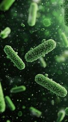 Biological food production plant features scenes of microorganisms actively working in food production, emphasizing a bio-based approach that highlights sustainability and innovation in the industry.