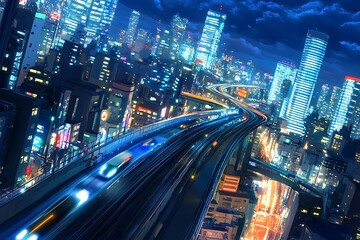 Obraz premium Nighttime Aerial View of a Modern Cityscape with Busy Traffic and Illuminated Buildings.