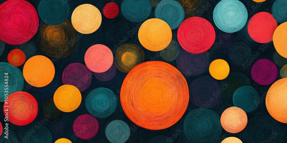 Poster abstract noise circles, hand-drawn thin circles in vibrant dark colors create a strikingly chaotic y