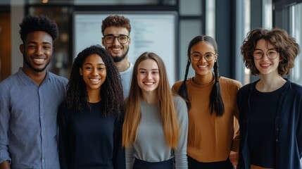 Obraz premium A diverse group of six young professionals in casual office attire, smiling confidently in a bright modern workspace.