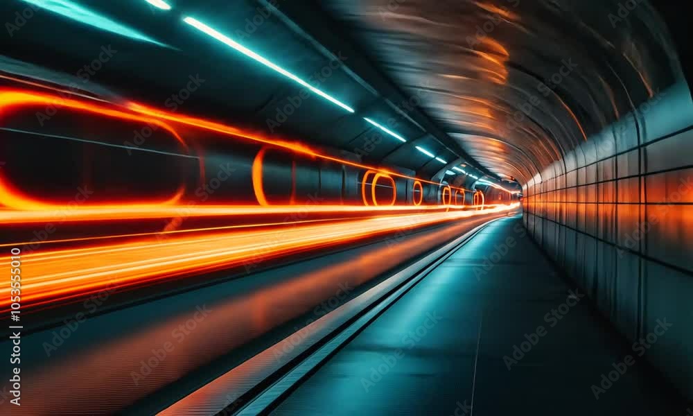 Poster A dynamic view of a tunnel with vibrant light trails, suggesting speed and movement.