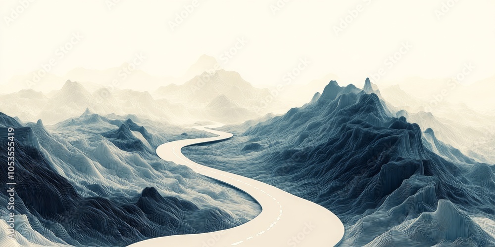 Poster curved path journey, abstract design featuring a minimalistic map layout with a single winding road,