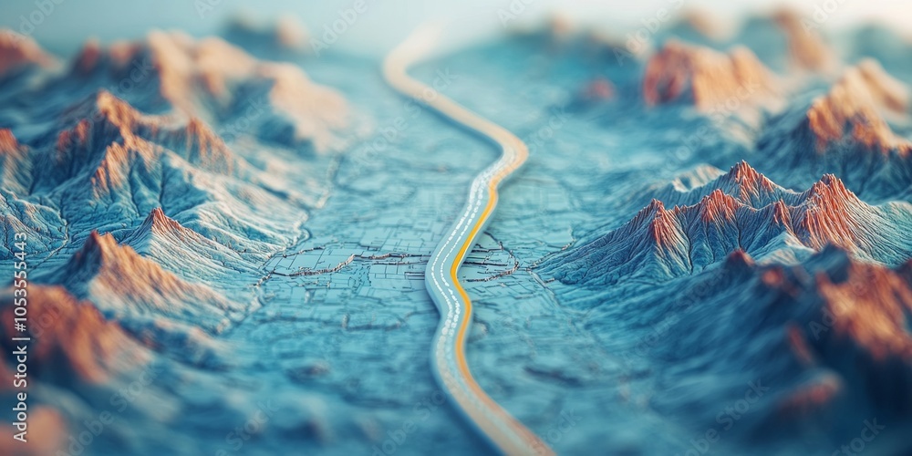 Poster abstract journey map, minimalistic layout featuring a curving road, symbolizing exploration and move