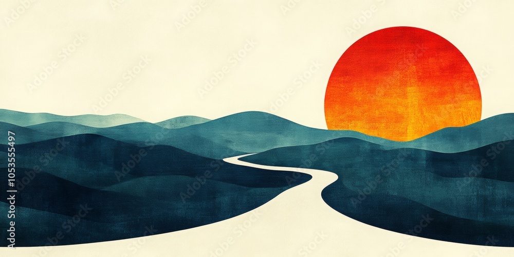 Poster abstract journey map, minimalistic design featuring a curving road, symbolizing exploration and move