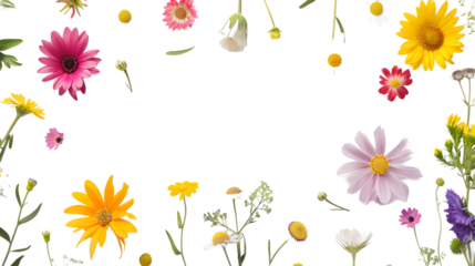 Summer flower creative layout Daisy cosmos blankete aster sunflower and doronicum flowers isolated on white background Floral frame border Design element Top view flat l