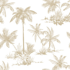Seamless pattern with palm trees and leaves. Toile de Jouy style. Hand drawn vector illustration.