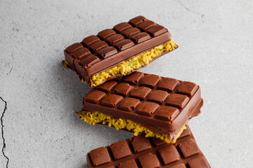 Homemade Dubai chocolate bar with pistachio paste and kadaifi dough.
